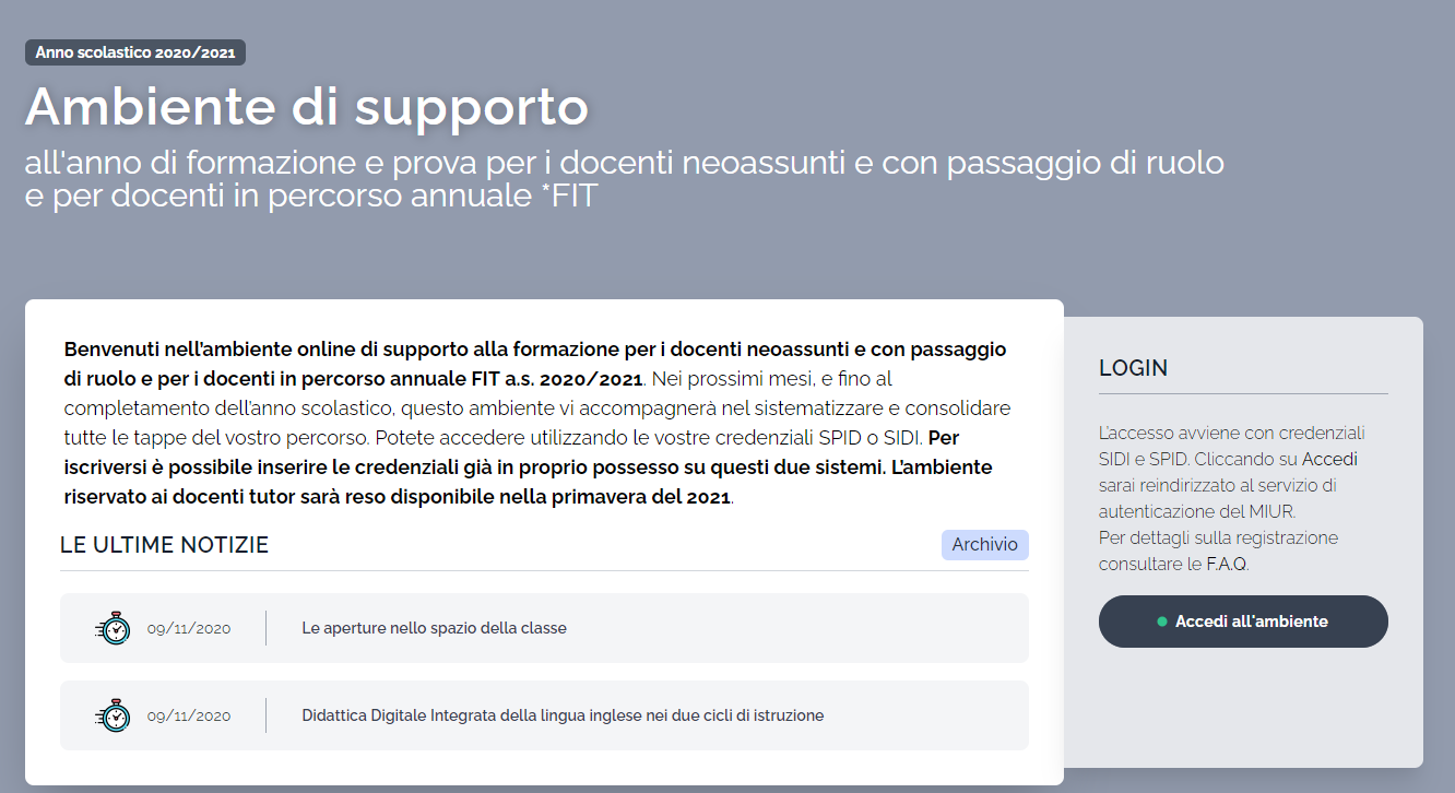 Anno di formazione e di prova dei docenti a.s. 2020/2021 APERTURA AMBIENTE INDIRE ON LINE